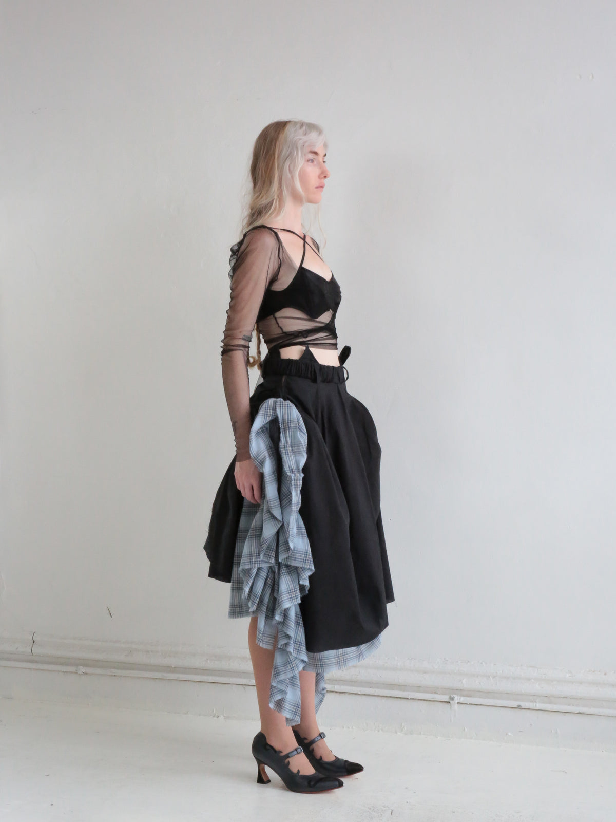 DOUBLE LAYERED GODET SKIRT black blue plaid