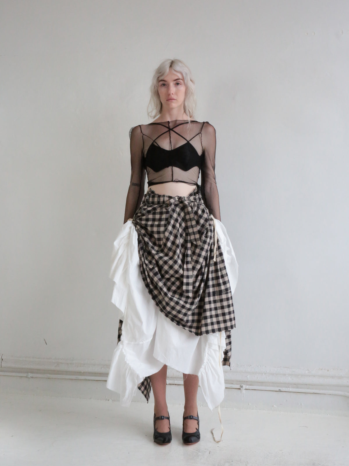 DOUBLE LAYERED GODET SKIRT checked white