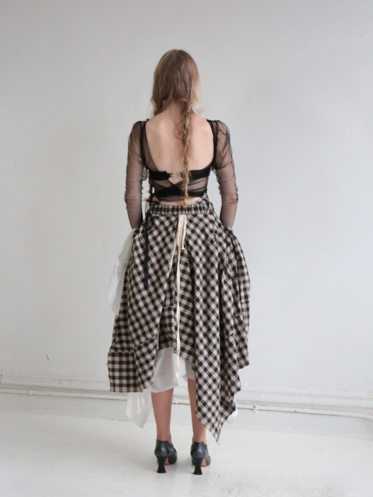 DOUBLE LAYERED GODET SKIRT checked white