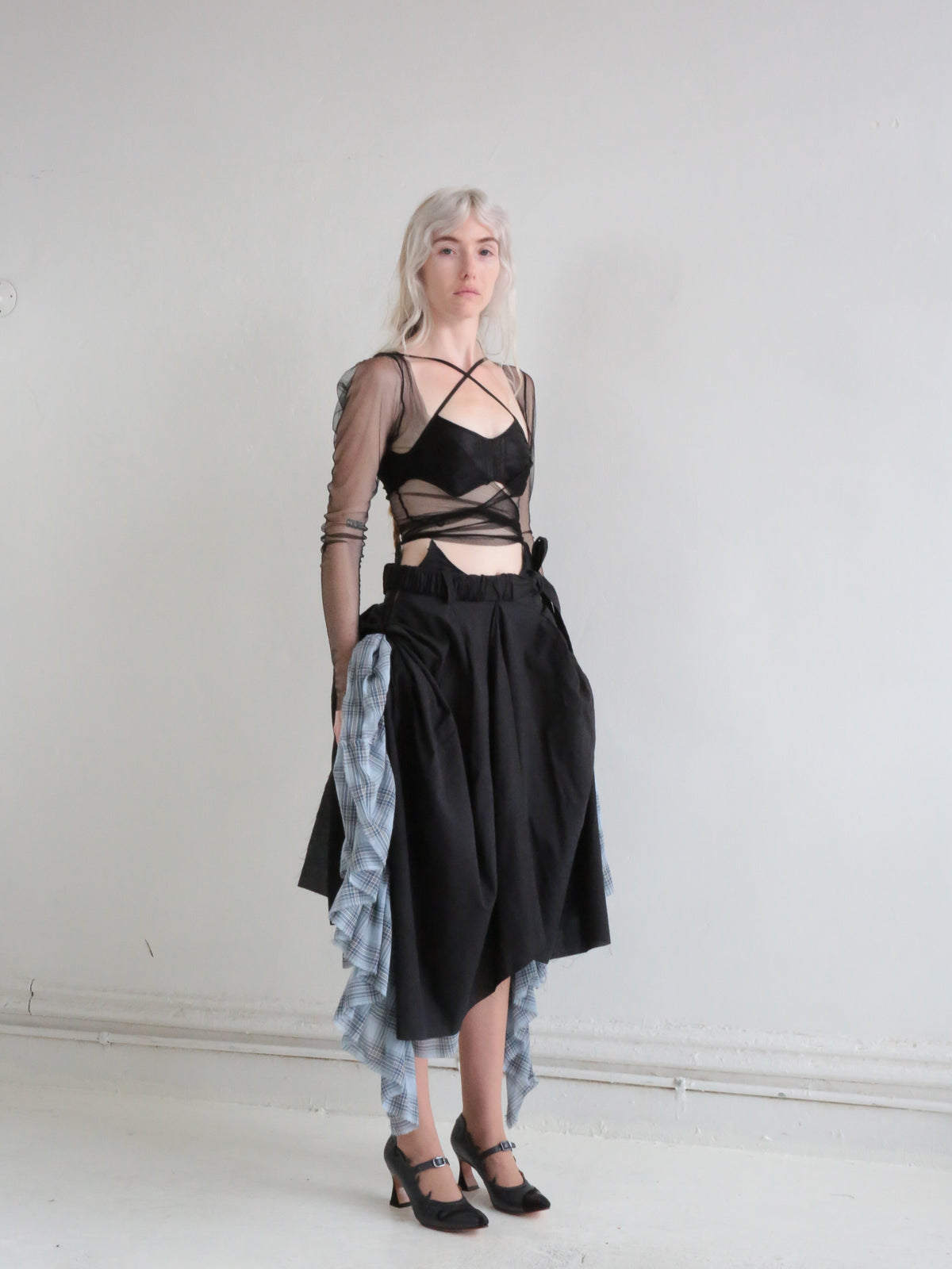 DOUBLE LAYERED GODET SKIRT black blue plaid